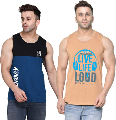 SLOWLORIS Printed Men Scoop Neck Beige, Black, Dark Blue T-Shirt