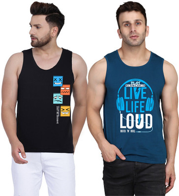 SLOWLORIS Printed Men Round Neck Dark Blue, Black T-Shirt