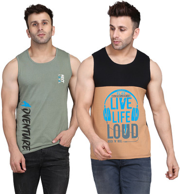 SLOWLORIS Printed Men Round Neck Black, Beige, Light Green T-Shirt