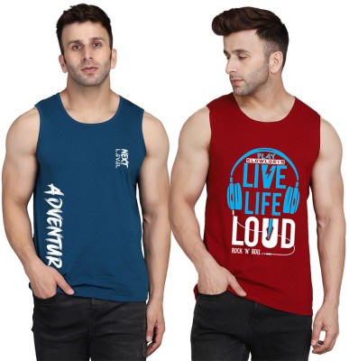 SLOWLORIS Printed Men Scoop Neck Maroon, Dark Blue T-Shirt