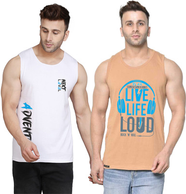 SLOWLORIS Printed Men Scoop Neck Beige, White T-Shirt