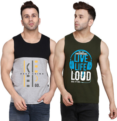 SLOWLORIS Printed Men Scoop Neck Dark Green, Black, Grey T-Shirt