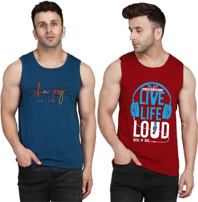 SLOWLORIS Printed Men Scoop Neck Maroon, Dark Blue T-Shirt