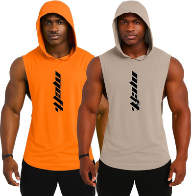 RMLKN Printed Men Hooded Neck Orange, Grey T-Shirt