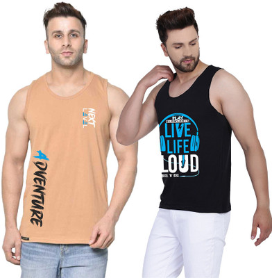SLOWLORIS Printed Men Round Neck Black, Beige T-Shirt
