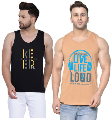 MINISTRY OF FRIENDS Printed Men Scoop Neck Beige, Black T-Shirt