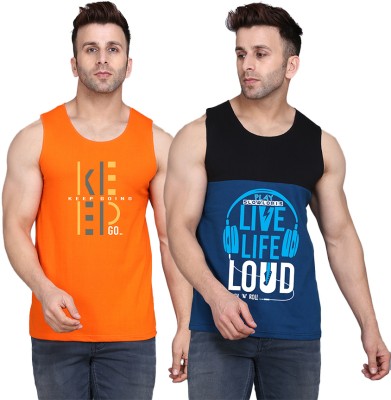 SLOWLORIS Printed Men Scoop Neck Black, Dark Blue, Orange T-Shirt