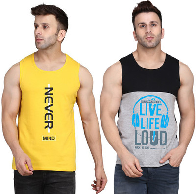 TEEFOX Printed Men Round Neck Black, Grey, Yellow T-Shirt