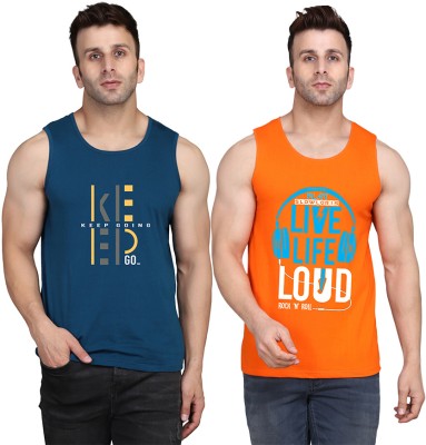 SLOWLORIS Printed Men Round Neck Orange, Dark Blue T-Shirt