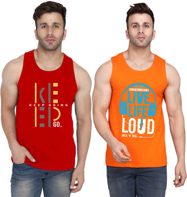 SLOWLORIS Printed Men Round Neck Orange, Red T-Shirt
