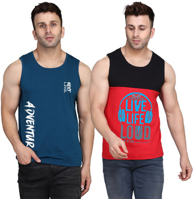 SLOWLORIS Printed Men Scoop Neck Black, Red, Dark Blue T-Shirt