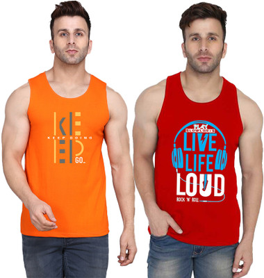 SLOWLORIS Typography Men Round Neck Red, Orange T-Shirt