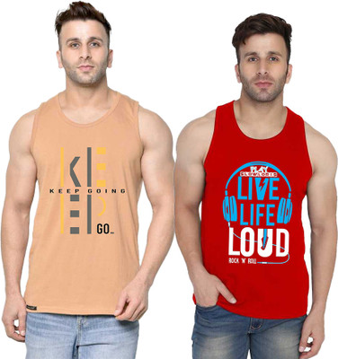 SLOWLORIS Typography Men Round Neck Red, Beige T-Shirt