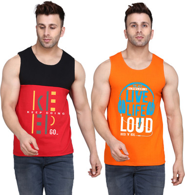 SLOWLORIS Printed Men Round Neck Orange, Black, Red T-Shirt