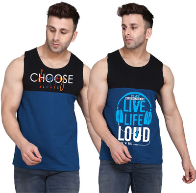 SLOWLORIS Printed, Colorblock Men Round Neck Black, Dark Blue T-Shirt