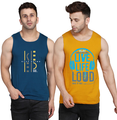SLOWLORIS Typography Men Round Neck Yellow, White, Dark Blue T-Shirt