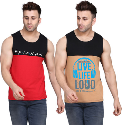 SLOWLORIS Printed Men Scoop Neck Black, Beige, Red T-Shirt