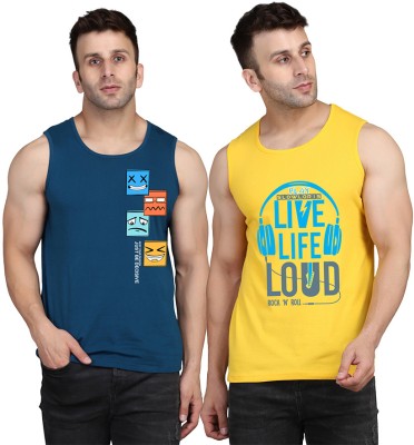 Cryptic Printed Men Scoop Neck Yellow, Dark Blue T-Shirt