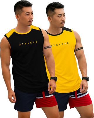 RMLKN Solid Men Round Neck Black, Yellow T-Shirt