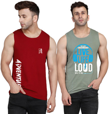 SLOWLORIS Printed Men Scoop Neck Light Green, Maroon T-Shirt