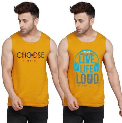 SLOWLORIS Printed Men Scoop Neck Yellow, White T-Shirt