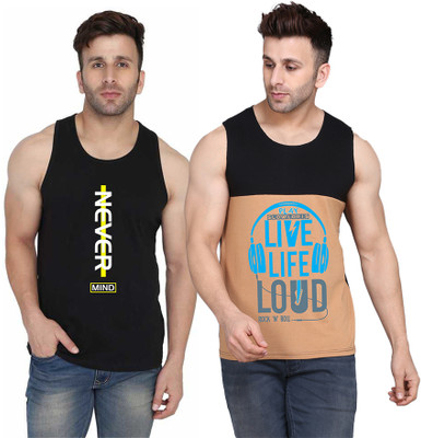 SLOWLORIS Printed Men Scoop Neck Black, Beige T-Shirt