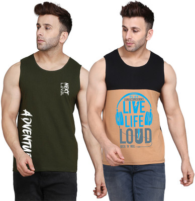 SLOWLORIS Printed Men Round Neck Black, Beige, Dark Green T-Shirt
