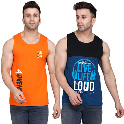 SLOWLORIS Printed Men Round Neck Black, Dark Blue, Orange T-Shirt