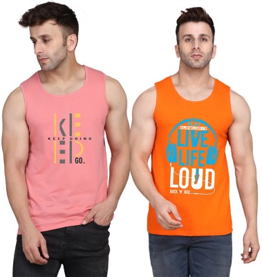 SLOWLORIS Printed Men Scoop Neck Orange, Pink T-Shirt