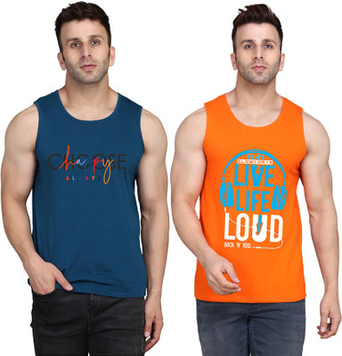 SLOWLORIS Printed Men Scoop Neck Orange, Dark Blue T-Shirt