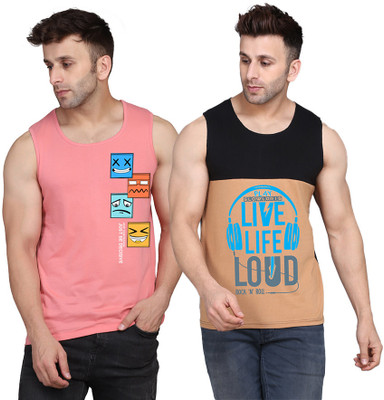 SLOWLORIS Printed Men Scoop Neck Black, Beige, Pink T-Shirt