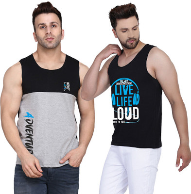 SLOWLORIS Printed Men Round Neck Black, Grey T-Shirt