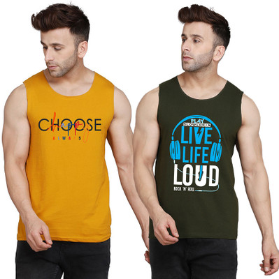 SLOWLORIS Printed Men Scoop Neck Dark Green, Yellow T-Shirt