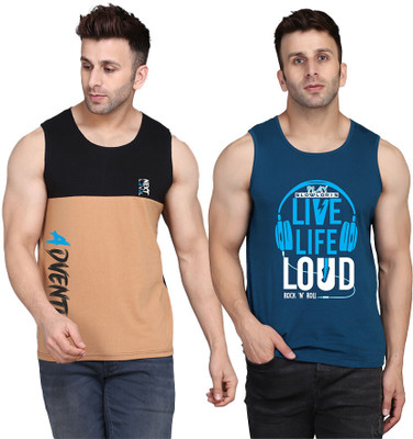 SLOWLORIS Printed Men Scoop Neck Dark Blue, Black, Beige T-Shirt