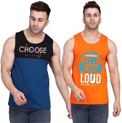 SLOWLORIS Printed Men Scoop Neck Orange, Black, Dark Blue T-Shirt