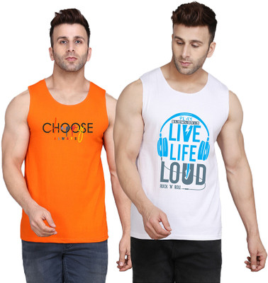 SLOWLORIS Printed Men Round Neck White, Orange T-Shirt