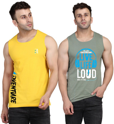 SLOWLORIS Printed Men Round Neck Light Green, Yellow T-Shirt