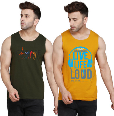 SLOWLORIS Printed Men Scoop Neck Yellow, White, Dark Green T-Shirt