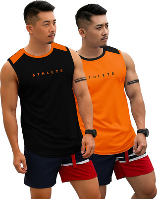 RMLKN Printed, Colorblock Men Round Neck Black, Orange T-Shirt