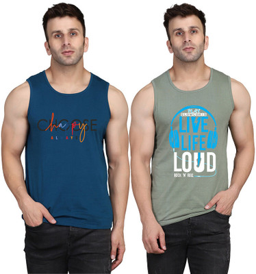 SLOWLORIS Printed Men Scoop Neck Light Green, Dark Blue T-Shirt