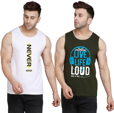 SLOWLORIS Printed Men Scoop Neck Dark Green, White T-Shirt