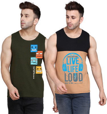 SLOWLORIS Printed Men Scoop Neck Black, Beige, Dark Green T-Shirt