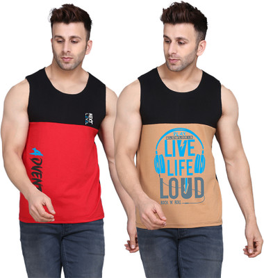 SLOWLORIS Printed Men Round Neck Black, Beige, Red T-Shirt