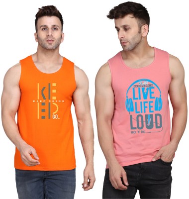 SLOWLORIS Printed Men Scoop Neck Pink, Orange T-Shirt