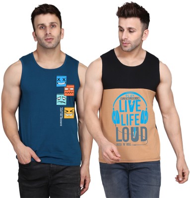 TEEFOX Printed Men Scoop Neck Black, Beige, Dark Blue T-Shirt