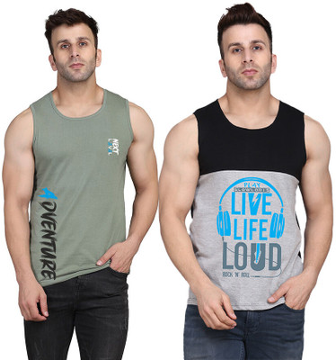SLOWLORIS Printed Men Scoop Neck Black, Grey, Light Green T-Shirt