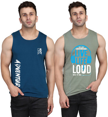 SLOWLORIS Printed Men Round Neck Light Green, Dark Blue T-Shirt