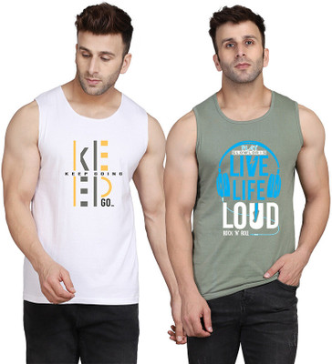 SLOWLORIS Printed Men Round Neck Light Green, White T-Shirt