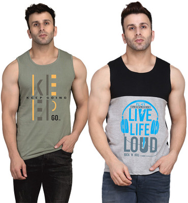SLOWLORIS Printed Men Scoop Neck Black, Grey, Light Green T-Shirt
