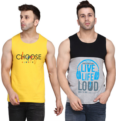 SLOWLORIS Printed, Colorblock Men Round Neck Black, Grey, Yellow T-Shirt